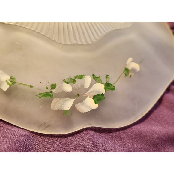 VTG Lancaster Frosted Depression Glass Shallow 3-Footed Dish Hand Painted Flower - Picture 6 of 11